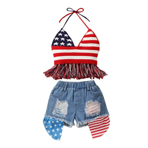 Toddler Girls 4th of July Outfit Little Kids Fourth of July Clothes 1Y 2Y 3Y 4Y 5Y 6Y American Flag Halter Top Denim Shorts Set