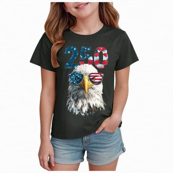 Toddler Girls America 250th Anniversary T Shirt Patriotic US Eagle Print Comfort Colors Short Sleeve Casual Tops for 1776-2026 US 250 Years Gibobby,5-6 Years ,Grey