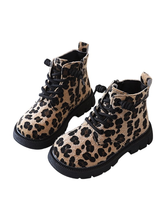 Toddler Girls Ankle Boots Leopard Print Roudn Toe Fall Winter Suede Riding Boots Lace up Combat Booties with Side Zipper