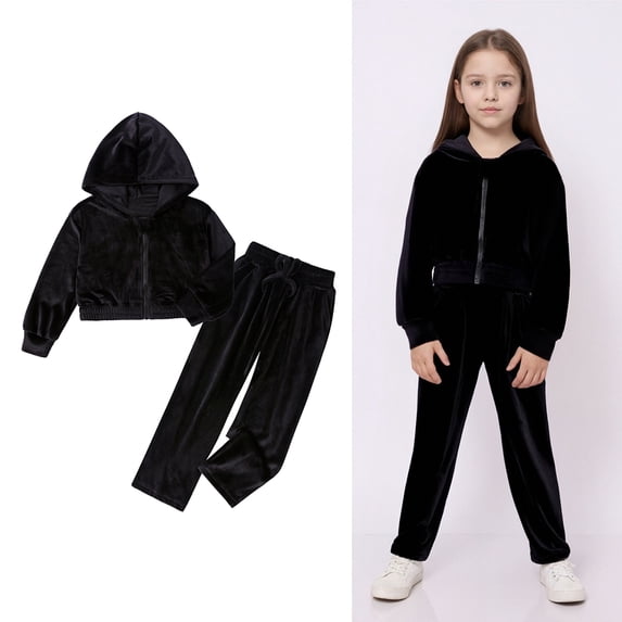 Toddler Girls Athletic Outfits Velour Kids Black Tracksuit Zip Up Cropped Top Sweatpants Set Jogging Suits for Girls 2-3 Years