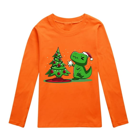Toddler Girls Autumn Long Sleeve Christmas Dinosaur Graphic Print Tee Shirt Top Orange 5-6 Years