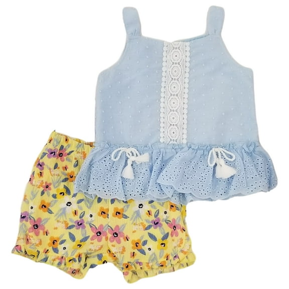 Toddler Girls Baby Blue Bright Yellow Floral Tank Top Shorts Outfit 2T