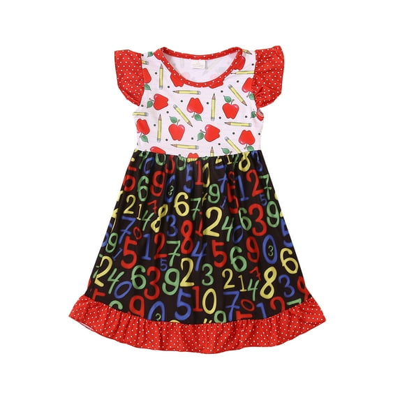 Toddler Girls Back to School Pencil Apple Dress Flutter Sleeve Summer Casual Clothes 4-5T