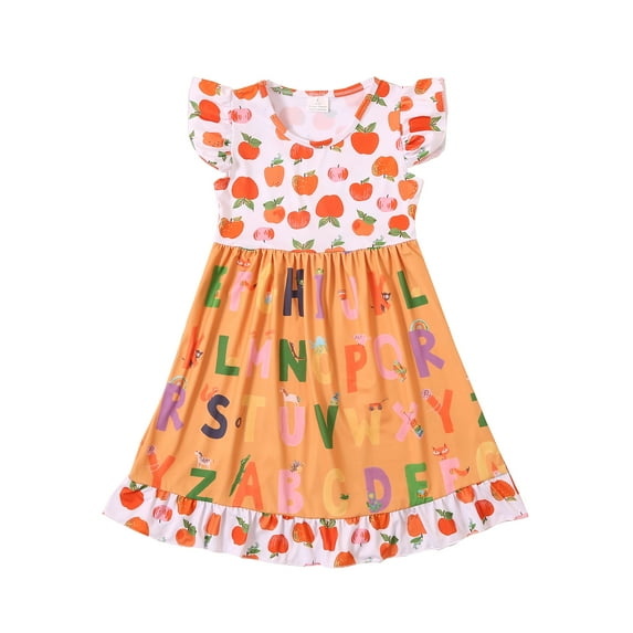 Toddler Girls Back to School Pencil Apple Dress Flutter Sleeve Summer Casual Clothes 6-7Y