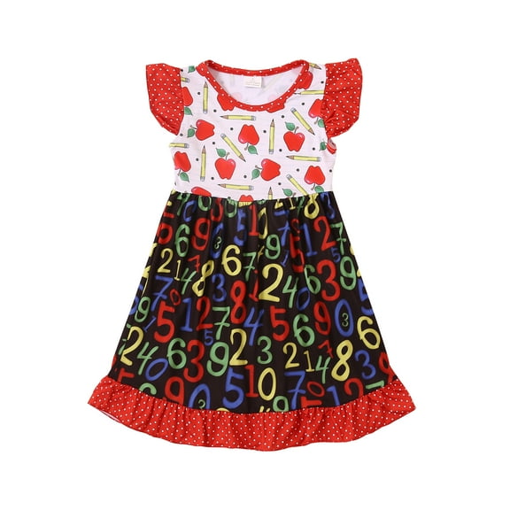 Toddler Girls Back to School Pencil Apple Dress Flutter Sleeve Summer Casual Clothes 7-8Y
