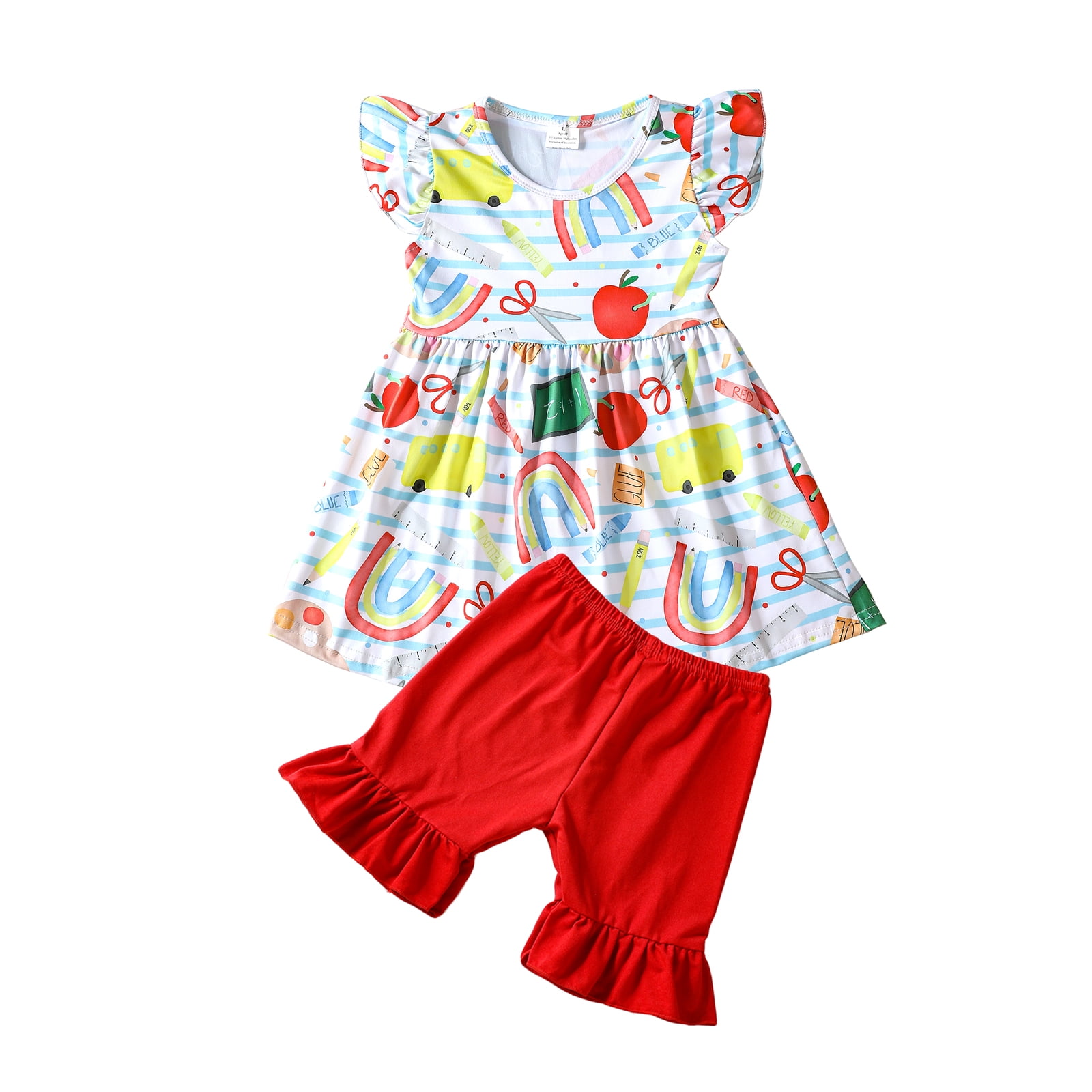 Toddler Girls Back to School Pencil Apple Outfits Sets Flutter Sleeve