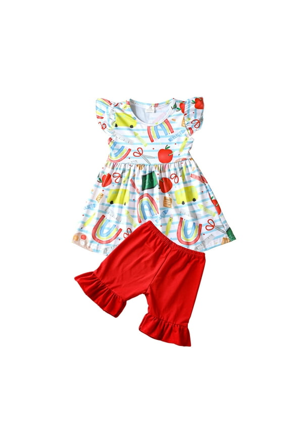 Toddler Girls Back to School Pencil Apple Outfits Sets Flutter Sleeve Summer Casual Clothes 6-7Y