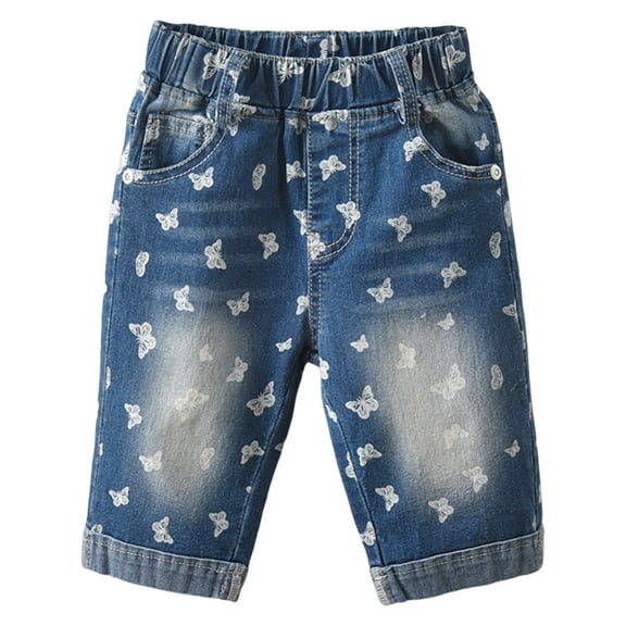 Toddler Girls Baggy Jeans Capri Pants Cute Butterfly Wide Leg Jeans Elastic Waist Straight Leg Denim Pants Cropped Pants