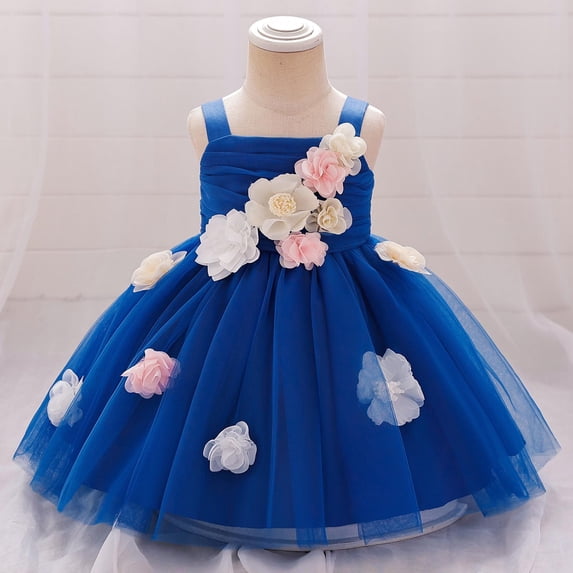 Toddler Girls Baptism Gown 6 Months-3 Years Summer Sleeveless Spaghetti Strap 3D Floral One Shoulder Tulle Dress Formal Outfit for Christening Birthday Party and Performance Blue