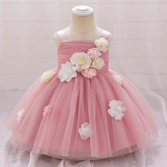 Toddler Girls Baptism Gown 6 Months-3 Years Summer Sleeveless Spaghetti Strap 3D Floral One Shoulder Tulle Dress Formal Outfit for Christening Birthday Party and Performance Pink