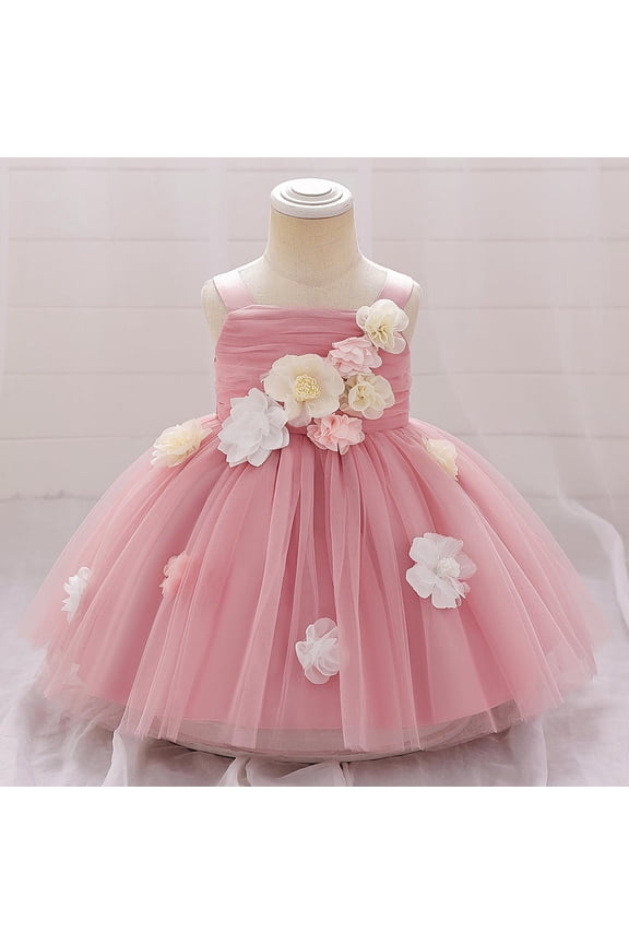 Toddler Girls Baptism Gown 6 Months-3 Years Summer Sleeveless Spaghetti Strap 3D Floral One Shoulder Tulle Dress Formal Outfit for Christening Birthday Party and Performance Pink