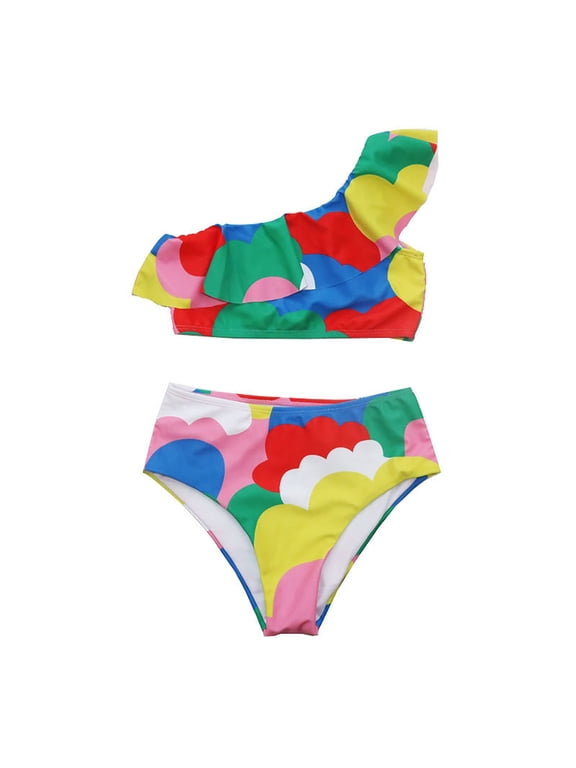 Toddler Girls Bathing Suit Colorful Cloud Print Swimsuit Suit Summer One Shoulder Pleated Top Shorts Suit 2 Piece Set Swimwear