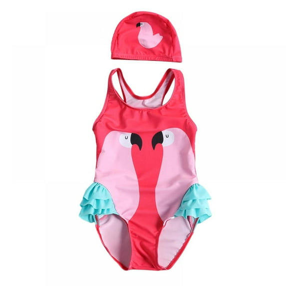 Toddler Girls' Beach Sport Swimsuit One-piece Swimsuit Baby Girl Swimsuit Kids Sleeveless Bathing Suit with Swim Cap for Beach & Swimming Pool 5-6 years old