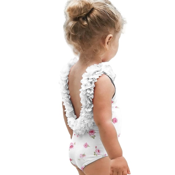 Toddler Girls Beach Swimsuit One Piece Floral Print Swimsuit with Ruffle Trim(