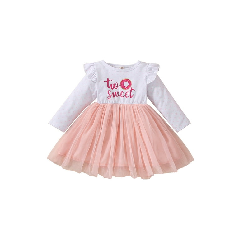 Toddler Girls Birthday Tulle Dress Donuts Letter Print Long Sleeve  Patchwork Party Dresses