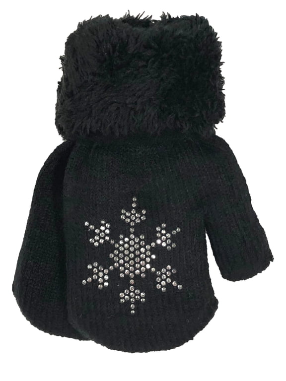 Toddler Girls Black Snowflake Plush Lined Winter Mittens with String Attachment
