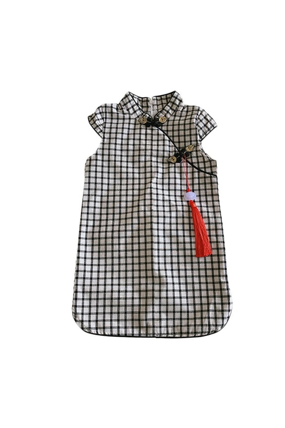 Toddler Girls Black/White Plaid Classic Chinese Cheongsam Dress Baby Kids Tradition Slim Qipao