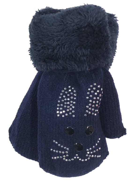 Toddler Girls Blue Bunny Rabbit Plush Lined Mittens with String Attachment