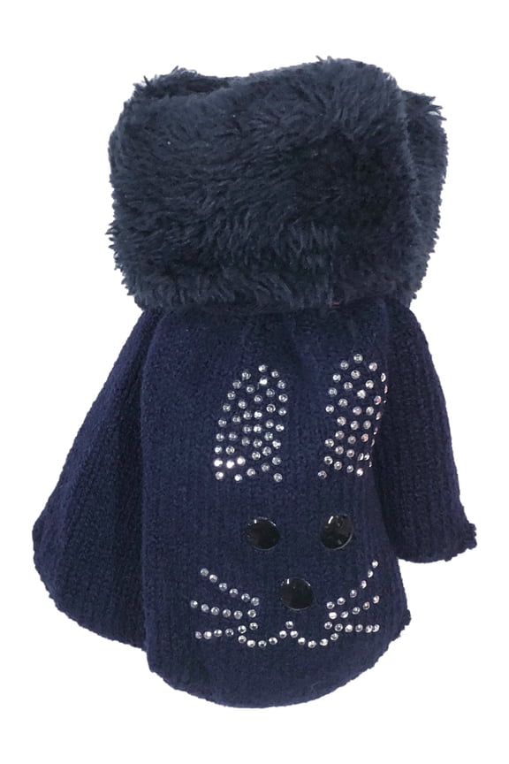 Toddler Girls Blue Bunny Rabbit Plush Lined Mittens with String Attachment