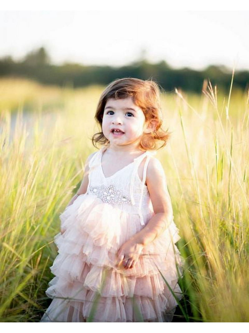 4T Toddler Girls Champagne Lace Dress with Gem Belt for Photoshoot