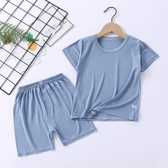 Toddler Girls Boys Clothes 2025 Summer Toddler Girls Solid Color Short Sleeve Shorts Sweatsuit Outfits Blue 6-12 Months
