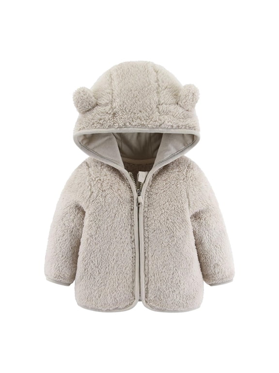 Toddler Girls Boys Cute Fleece Jacket Bear Ear Hoodie Sweater Zip Up Teddy Fuzzy Warm Coat Infant Baby Winter Outwear Clothes Beige 12-18 Months