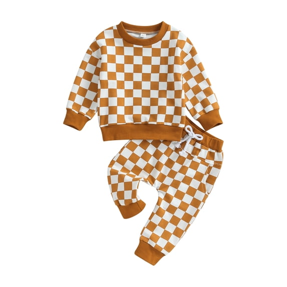 Toddler Girls Boys Fall Outfit, Plaid Long Sleeve Crew Neck Hoodie and Sweatpants Set