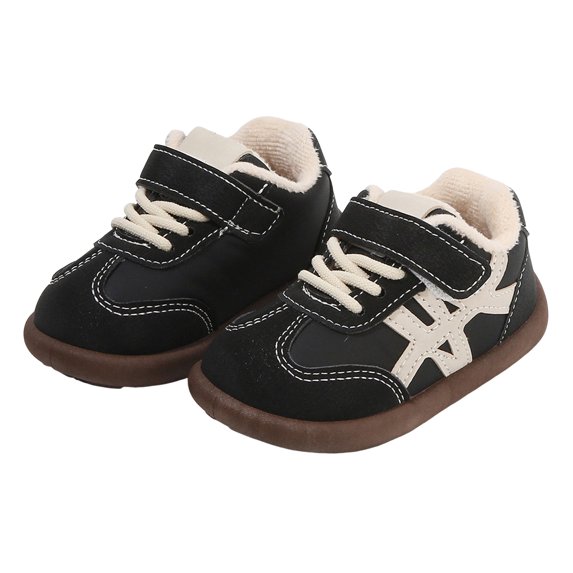 Toddler Girls Boys First Walking Shoes Winter Warm Color Block Sneakers Antislip Soft Sole Outdoor Tennis Athletic Shoes with Hook and Loop Black 8.5 Toddler