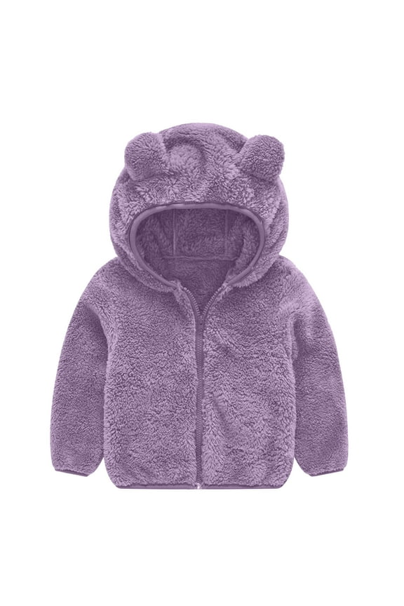 Toddler Girls Boys Fleece Jackets Double Sided Plush Zip Up Hooded Coat Solid Color Warm Winter Cute Outwear Purple 18 Months