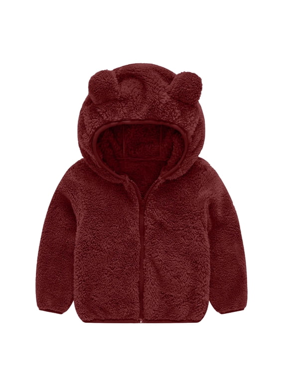 Toddler Girls Boys Fleece Jackets Double Sided Plush Zip Up Hooded Coat Solid Color Warm Winter Cute Outwear Wine 6 Months