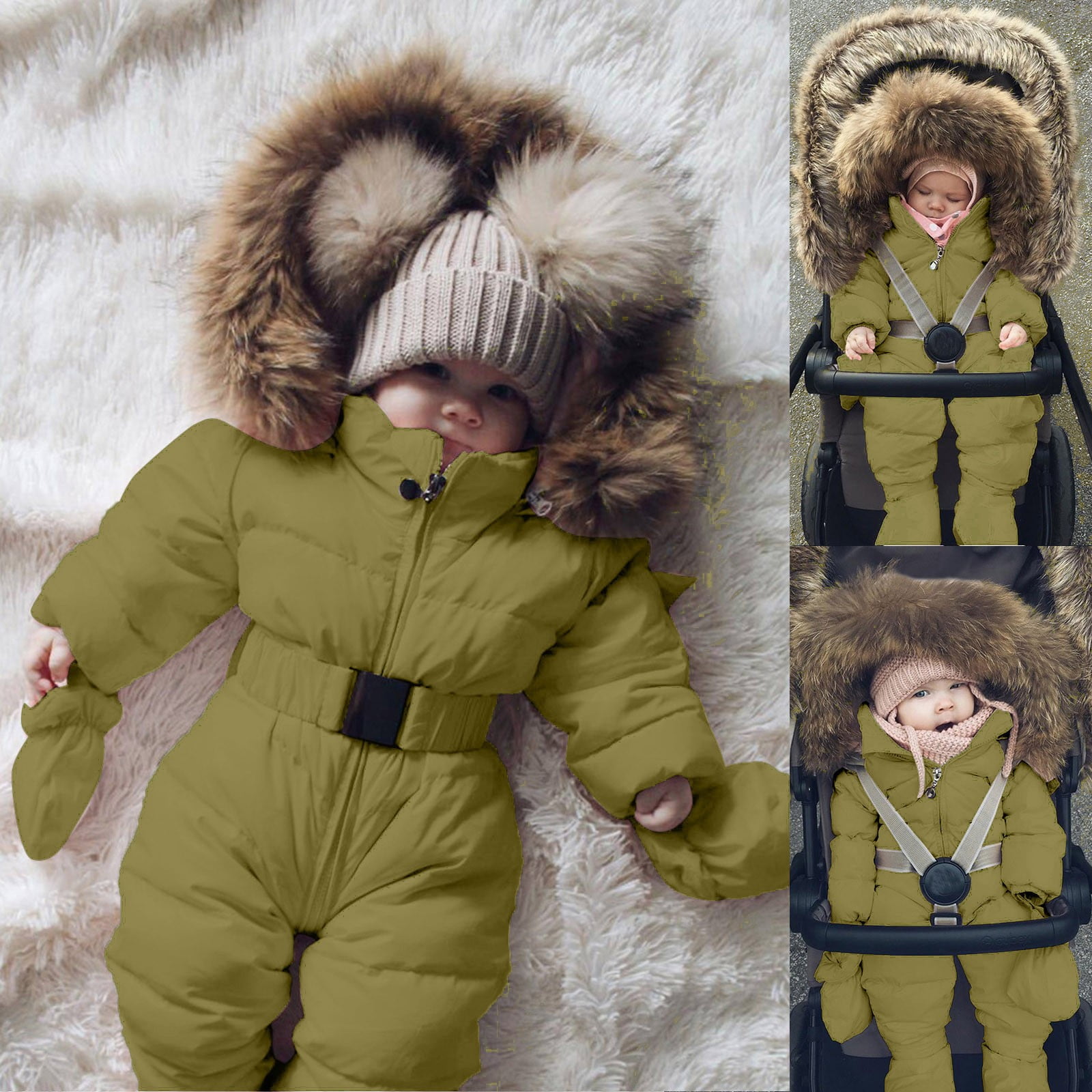 Toddler Girls Boys One Piece Pajamas Long Sleeve Snowsuit Baby Romper Suit Warm Hooded Jumpsuit Down Coat Romper Padded Snow Wear One Piece Winter PJs with Hood 3-6 Months