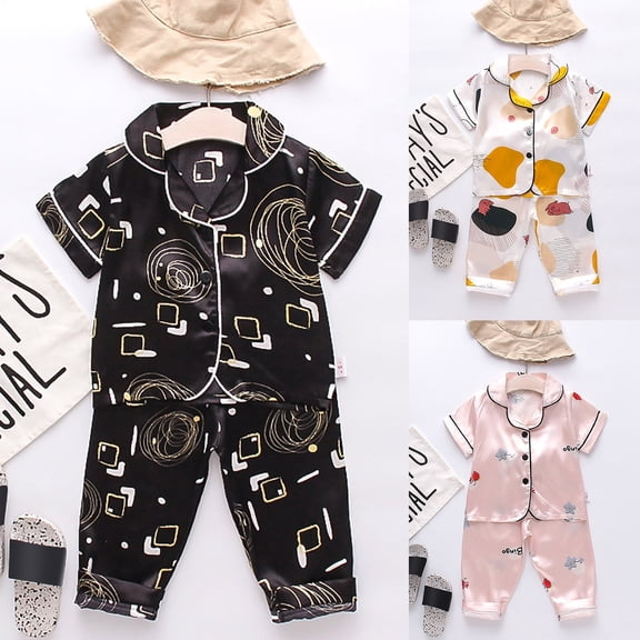 Toddler Girls Boys Pajamas Baby Satin Short Sleeve Cartoon Button Down Shirt Tops   Long Pants Silk Sleepwear Loungewear Pj Sets,2 Piece,80
