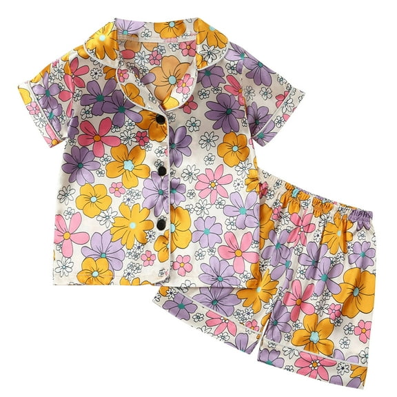 Toddler Girls Boys Pajamas Sets Short Sleeve Silk Satin Sleepwear Cute Printed Button-Down Pjs Set Nightwear Loungewear for Kids 1-8 Years