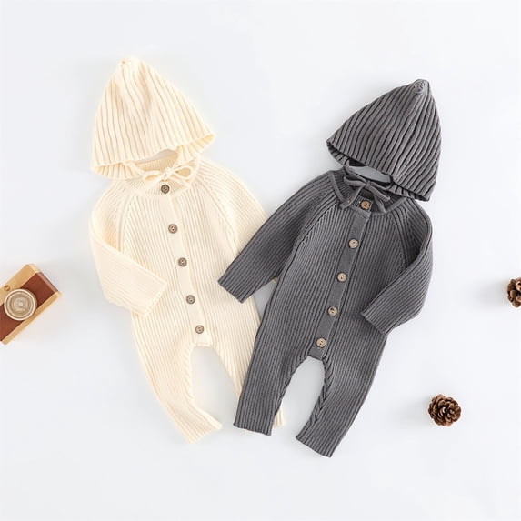 Toddler Girls Boys Rompers Long Sleeve Baby Spring autumn Wool Knitted Dress With Ribbed Elastic Waistband And Hood For Crawling Jumpsuit Cute Outfits 3-6 Months
