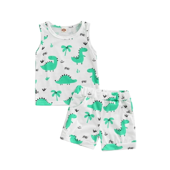 Toddler Girls Boys Summer Outfits Sleeveless Round Neck Cartoon Vest + Dinosaur Print Shorts