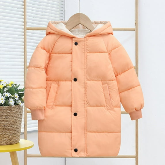 Toddler Girls Boys Winter Coat Puffer Jacket Solid Color Down Long Sleeved Hooded Jacket For Childern Casual Outwear Orange 5 Years