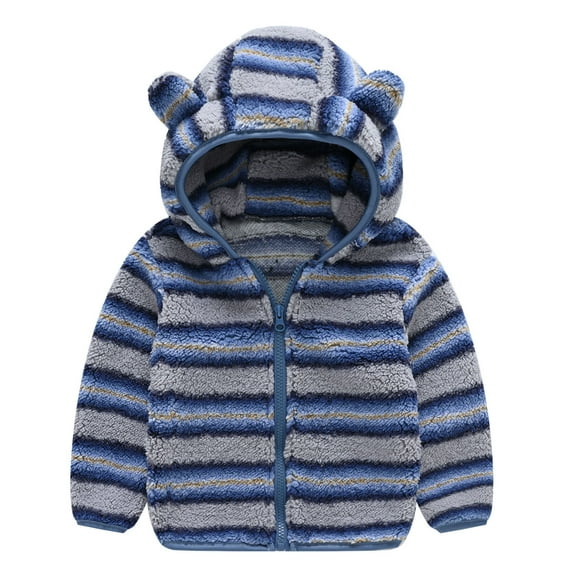 Toddler Girls Boys Winter Fleece Coat Warm Stripe Hooded Jacket Zip Up Kids Baby Warm Outwear Cardigan (2-3 Years, Blue)