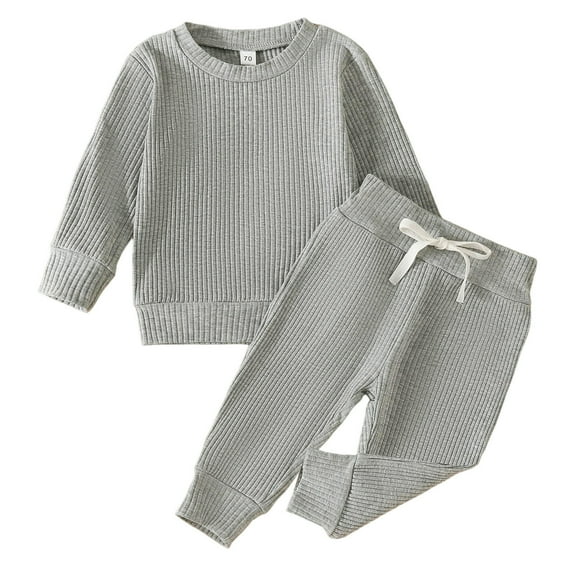 Toddler Girls Boys Winter Long Sleeve Ribbed Solid Color Tops Pants 2Pcs Outfits Clothes Set