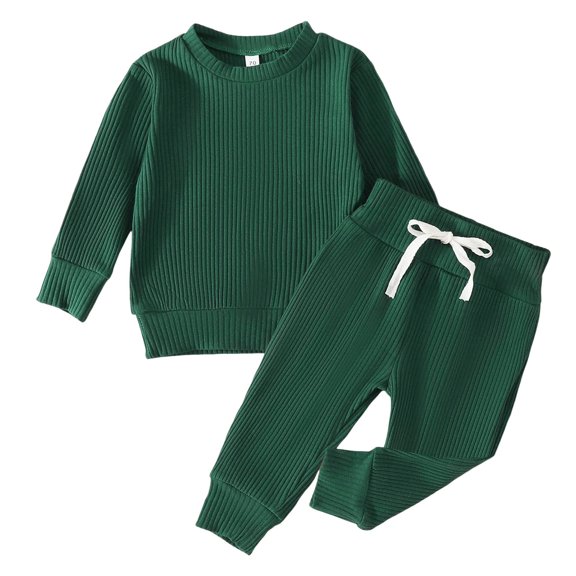 Toddler Girls Boys Winter Long Sleeve Ribbed Solid Color Tops Pants 2Pcs Outfits Clothes Set