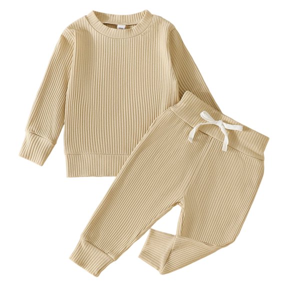 Toddler Girls Boys Winter Long Sleeve Ribbed Solid Color Tops Pants 2Pcs Outfits Clothes Set