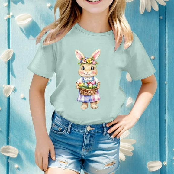 Toddler Girls Bunny T-Shirt Bunny Print Short Sleeve Bunny Outfits Easter Day Gift for Toddler Boy Girl Kids Cute Shirt Size 6-7