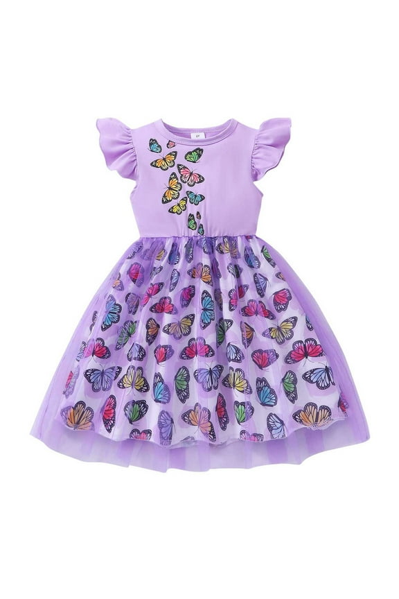 Toddler Girls Butterfly Dress Easter Dresses Tutu Dress Skirt Bowknot Pageant Birthday Gown Dress #Z05 Purple<6-7 Years>