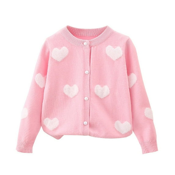 Toddler Girls Button Knit Sweater Cardigan Kids Love Heart Print Long Sleeve Spring Coat Warm Jacket Outerwear Valentines Day Gift 2-7T