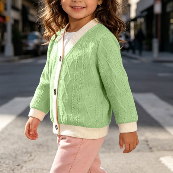 Toddler Girls Cable Knit Cardigan Sweaters V Neck Button Down Long Sleeve Colorblock Outerwear Fall Winter Warm Knitwear Casual School Daily Pullover Tops, Size 3-4 T