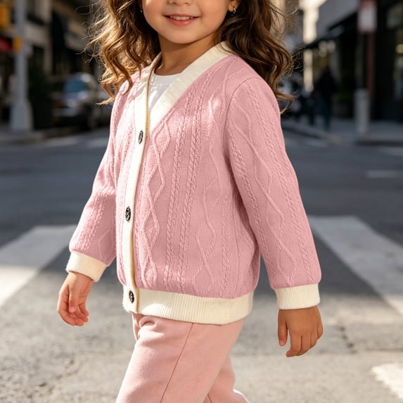 Toddler Girls Cable Knit Cardigan Sweaters V Neck Button Down Long Sleeve Colorblock Outerwear Fall Winter Warm Knitwear Casual School Daily Pullover Tops, Size 4-5