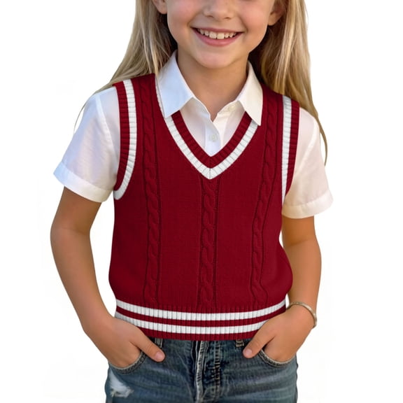 Toddler Girls Cable Knit Sweater Vest V Neck Sleeveless Pullover Sweaters Preppy Style Striped Trim School Uniform Knitwear Tops for Spring Fall Layering, Size 5-6
