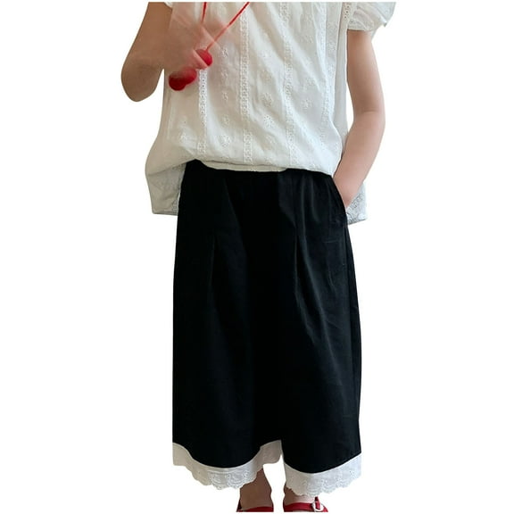 Toddler Girls Capris Lounge Pants Lace Trim Wide Leg Baggy Capri Pants Pleated Loose Casual Twill Chino Trousers 2 Years, Black