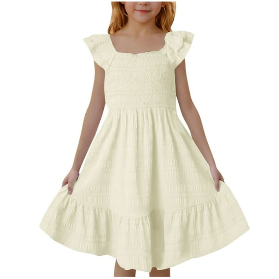 Toddler Girls Casual Dress New Girl's 2025 Summer Dresses Double Pleated Ruffle Sleeve a Line Sundresses Mini Casual Party Dresses Beige 4 Years