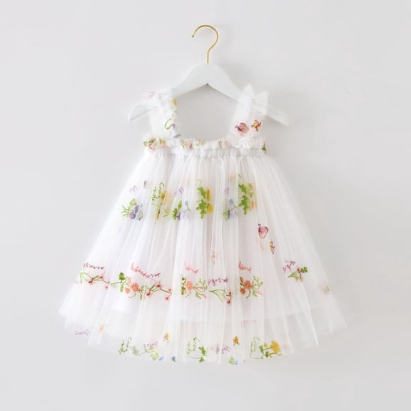 Toddler Girls Casual Dresses Floral Embroider Strappy Sleeveless Dance Party Tulle Princess Daily-Wear