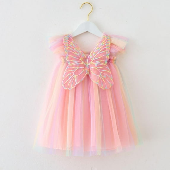 Toddler Girls Casual Dresses Fly Sleeve Butterfly With Wing Tie Dye Rainbow Tulle Holiday Party Dance Party Clothes Holiday Wear
